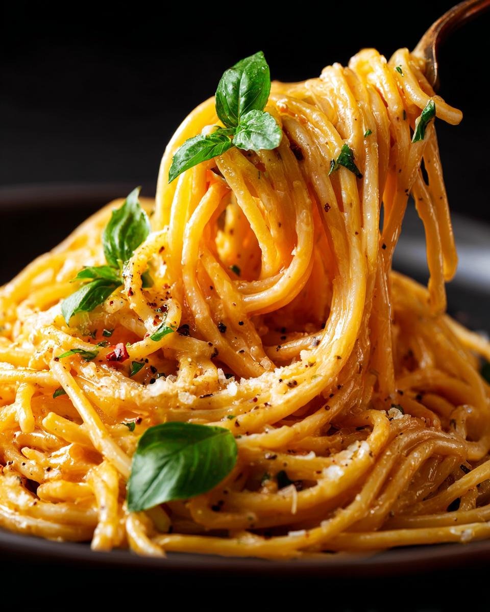 A close-up of a fork twirling creamy Gigi Hadid Pasta, garnished with fresh basil leaves and sprinkled with Parmesan cheese.