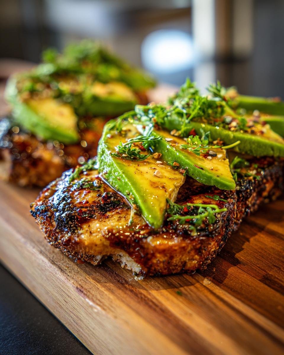 Close-up of grilled chicken topped with fresh avocado slices and herbs, part of Grilled California Avocado Chicken.