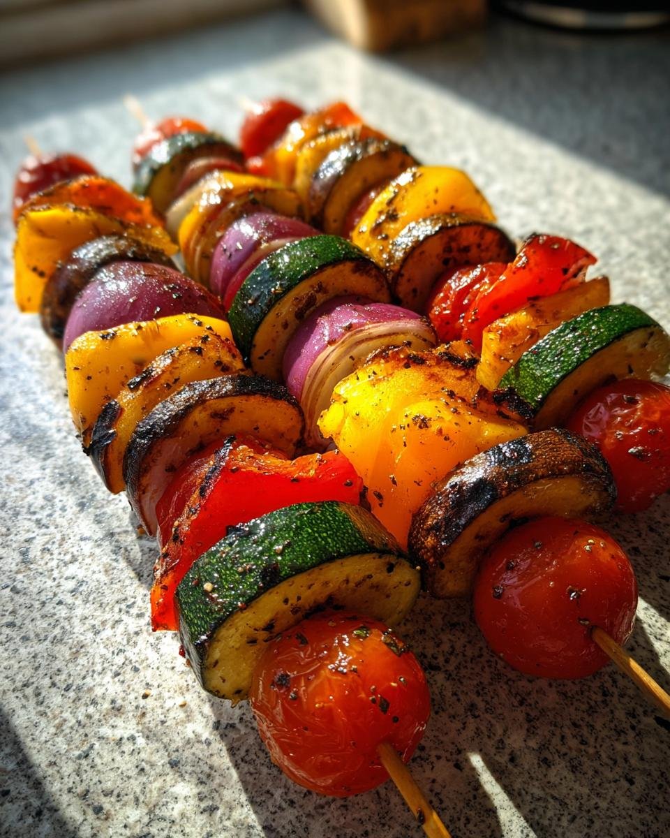 Close-up of three grilled vegetable brochettes with zucchini, bell peppers, red onion, and cherry tomatoes, seasoned and charred.