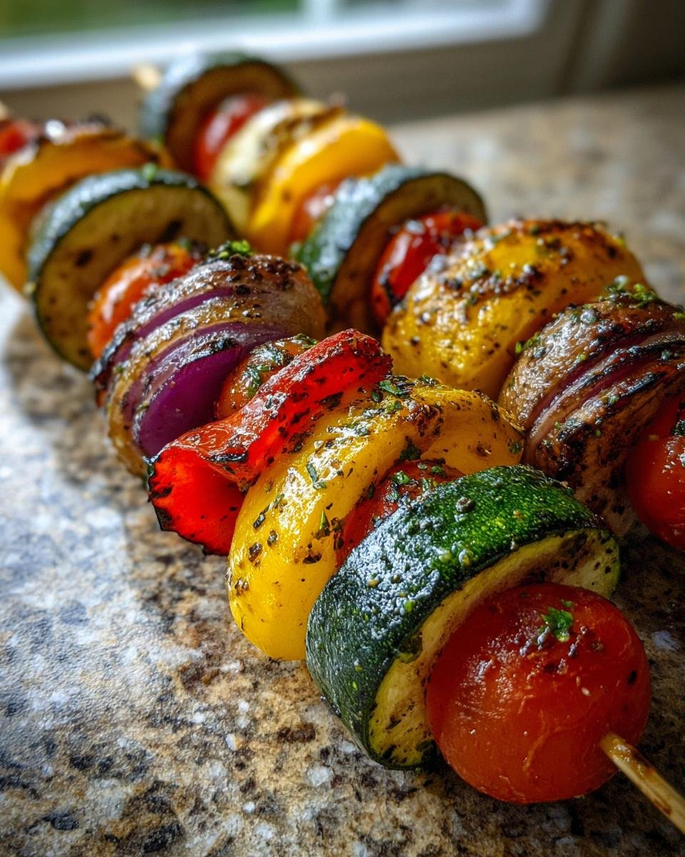 Close-up of grilled vegetable brochette au BBQ, featuring zucchini, cherry tomatoes, red onion, and yellow bell pepper.