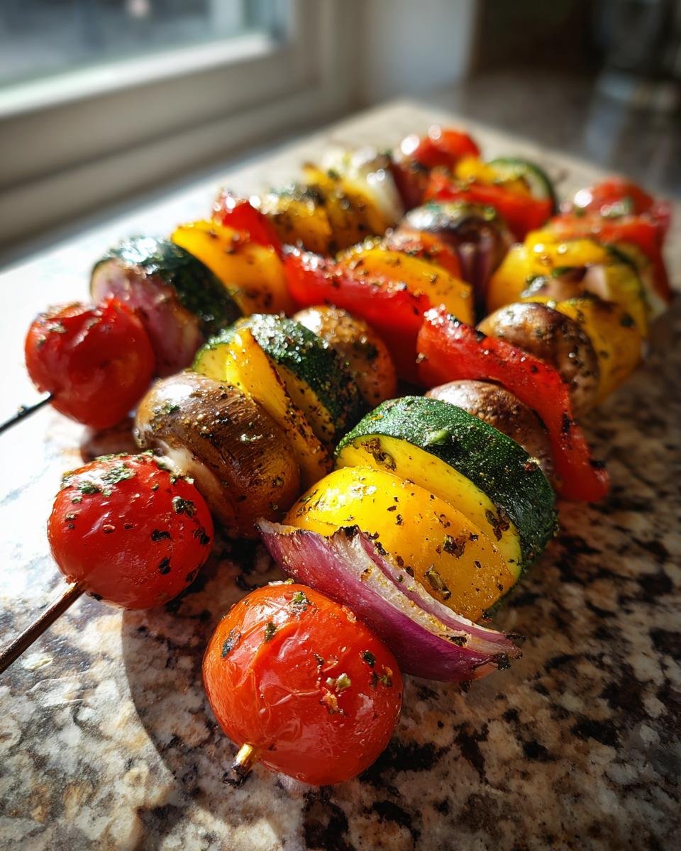 Close-up of a Grilled Vegetable Brochette Au Bbq skewer with tomatoes, zucchini, bell peppers, mushrooms, and red onion.