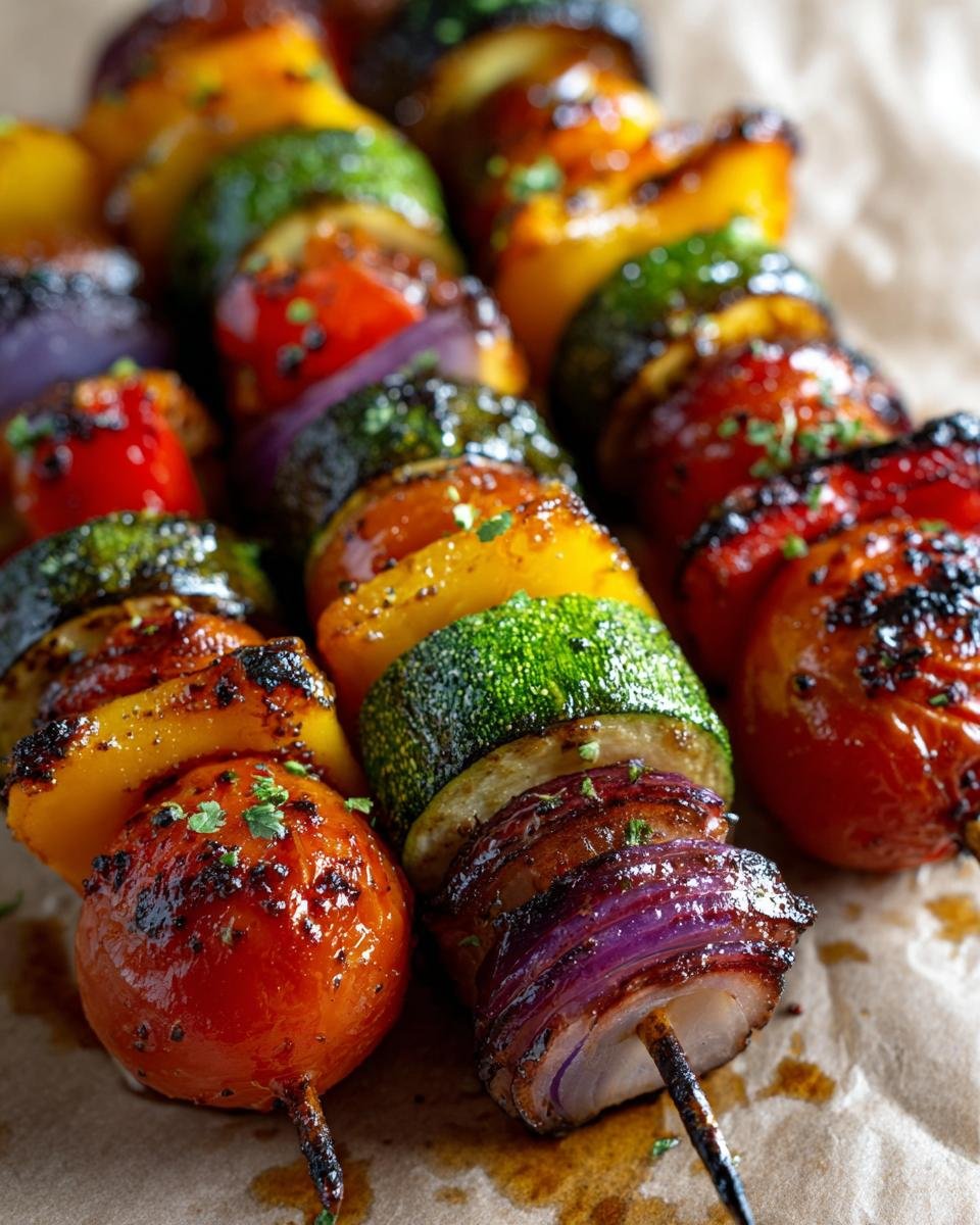 Close-up of grilled vegetable brochette au BBQ skewers with colorful bell peppers, zucchini, red onion, and tomatoes.