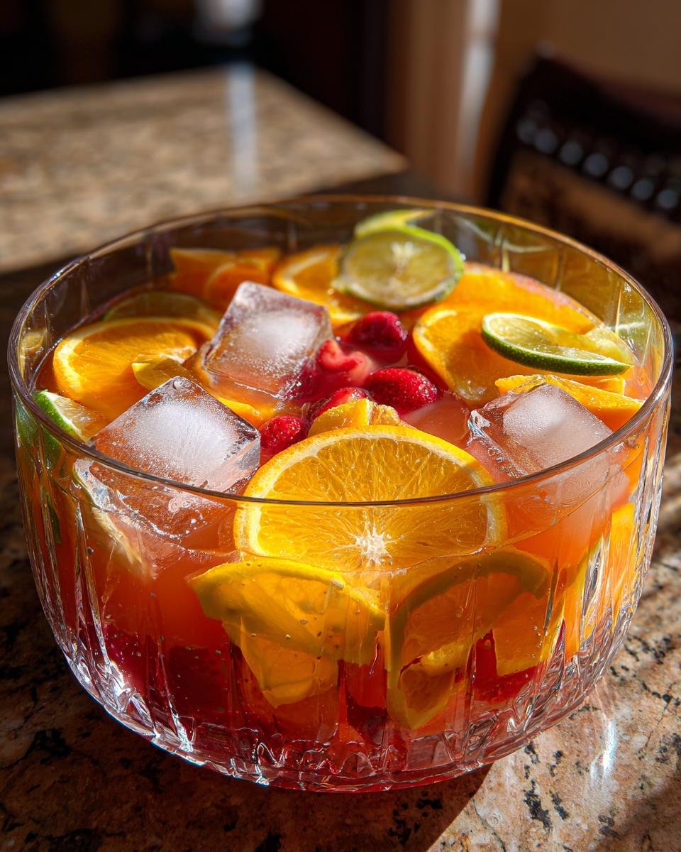 A crystal bowl filled with Hawaiian Punch, featuring slices of oranges, limes, strawberries, and ice cubes.