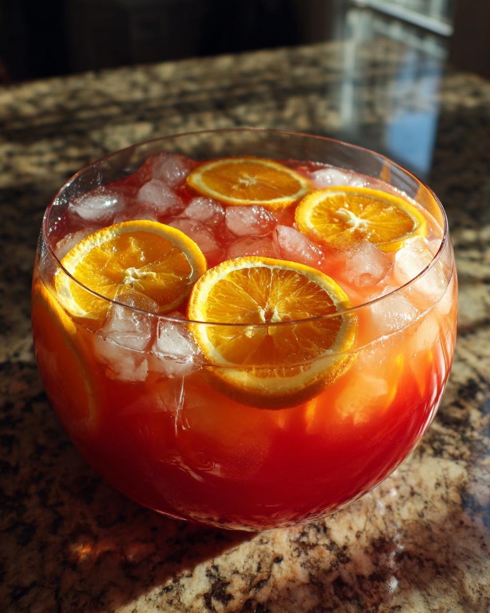 A close-up of a glass bowl filled with Hawaiian Punch, ice, and fresh orange slices.