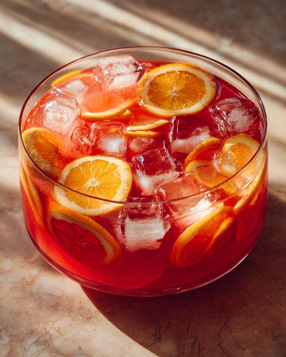 A close-up of a large glass bowl filled with vibrant red Hawaiian Punch, packed with ice cubes and garnished with fresh orange slices.