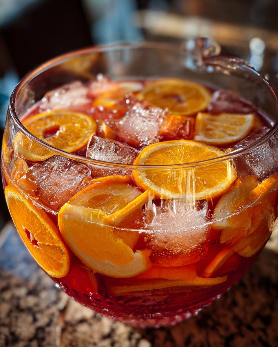 Close-up of a large glass bowl filled with Hawaiian Punch, ice cubes, and fresh orange slices.