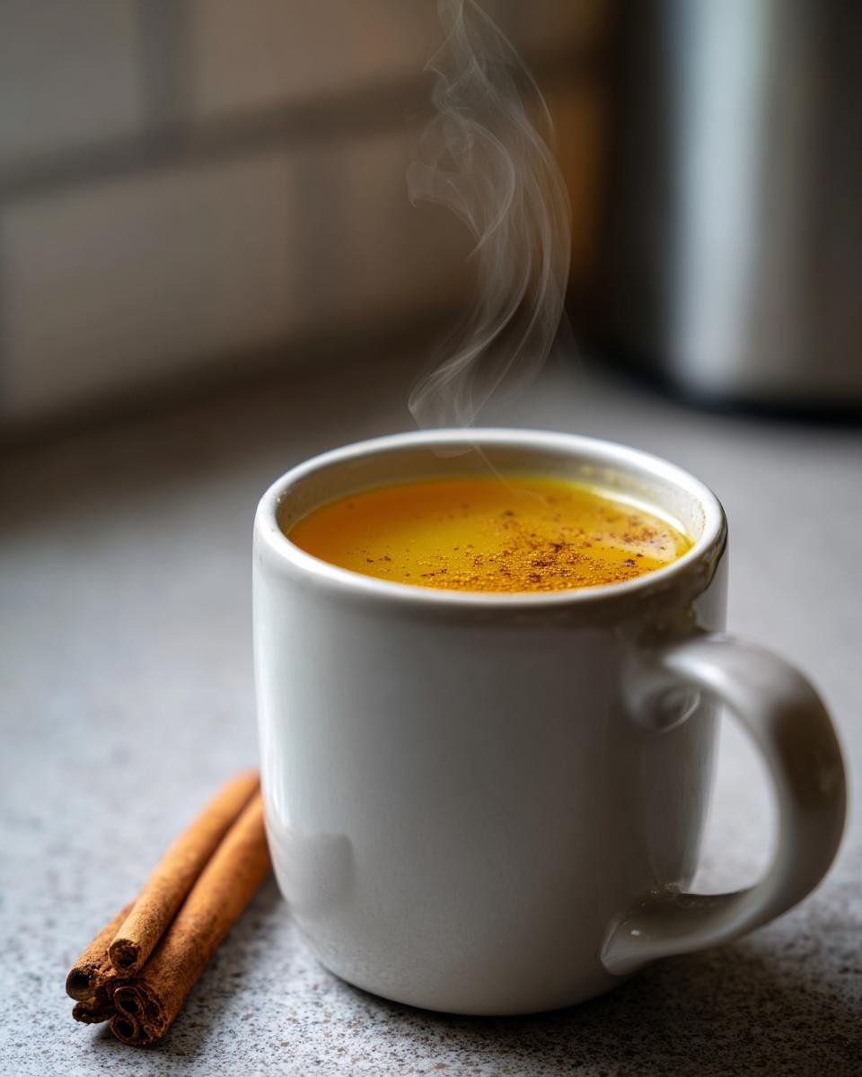 A steaming mug of Healing Cinnamon and Turmeric Tea, sprinkled with cinnamon and next to two cinnamon sticks.