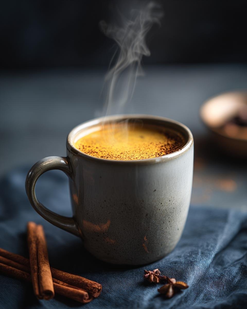A steaming mug of golden Healing Cinnamon Turmeric Tea, with cinnamon sticks and star anise on a dark blue cloth.