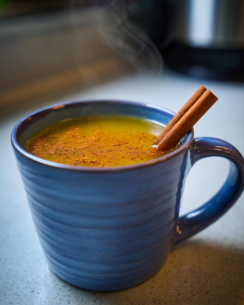 A close-up of a steaming mug of Healing Cinnamon Turmeric Tea, topped with cinnamon powder and a cinnamon stick.