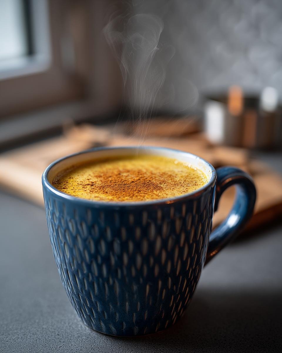 A steaming mug of Healing Cinnamon Turmeric Tea, topped with cinnamon powder, on a countertop.