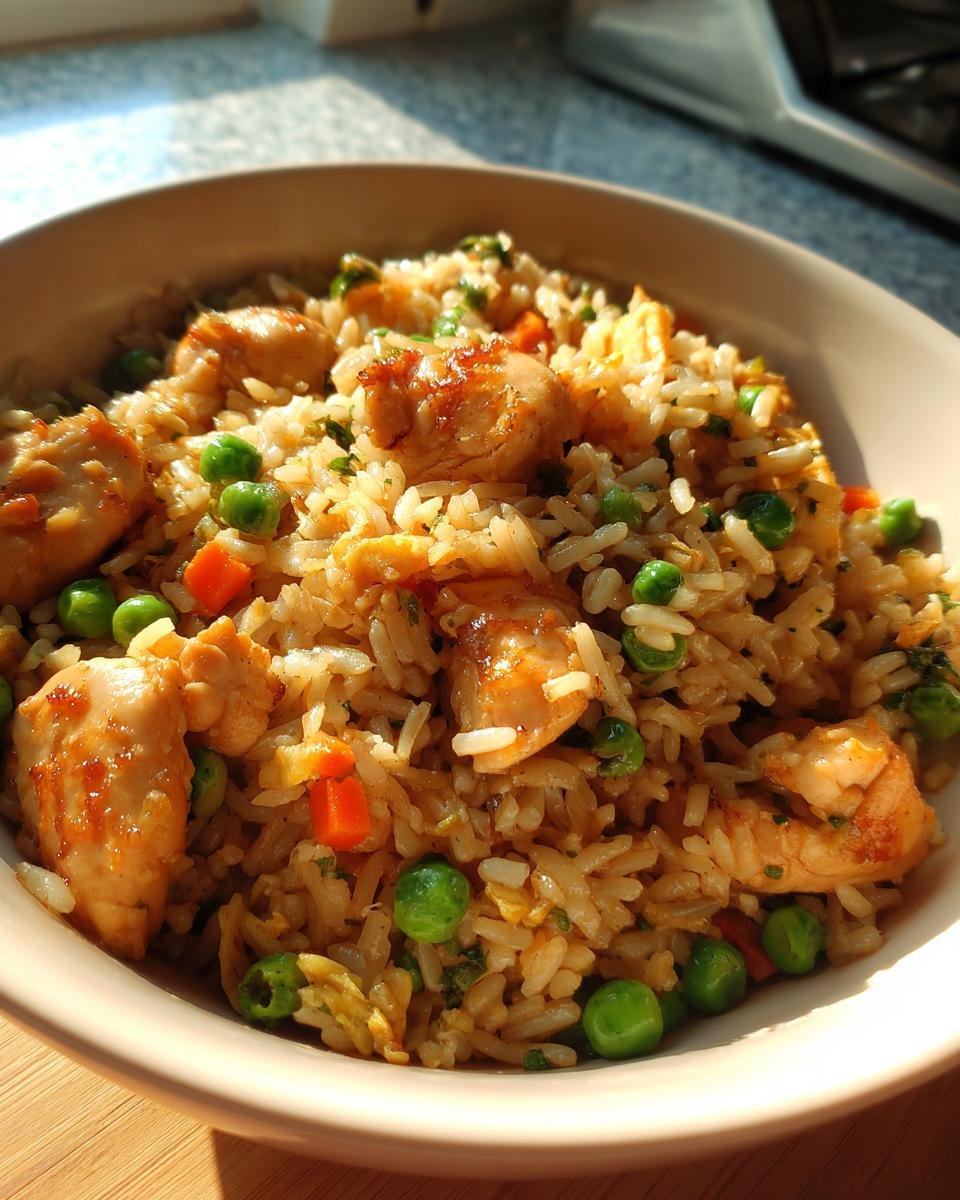 A close-up bowl of delicious Hibachi Style Chicken Fried Rice with tender chicken pieces, peas, and carrots.