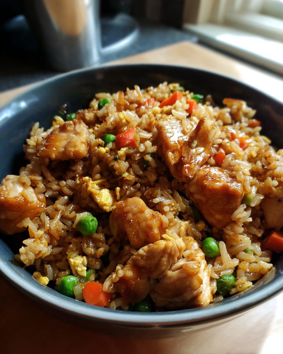 A close-up shot of a dark blue bowl filled with delicious Hibachi Style Chicken Fried Rice, featuring tender chicken pieces, peas, carrots, and scrambled egg.