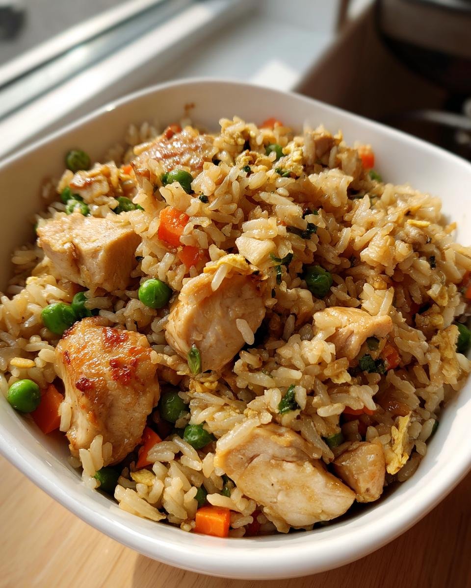 A close-up bowl of Hibachi Style Chicken Fried Rice with tender chicken pieces, peas, carrots, and scrambled egg.