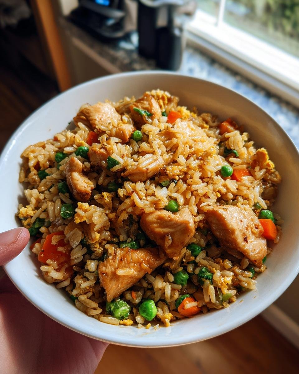 A bowl of delicious Hibachi Style Chicken Fried Rice with chicken pieces, peas, carrots, and scrambled egg.