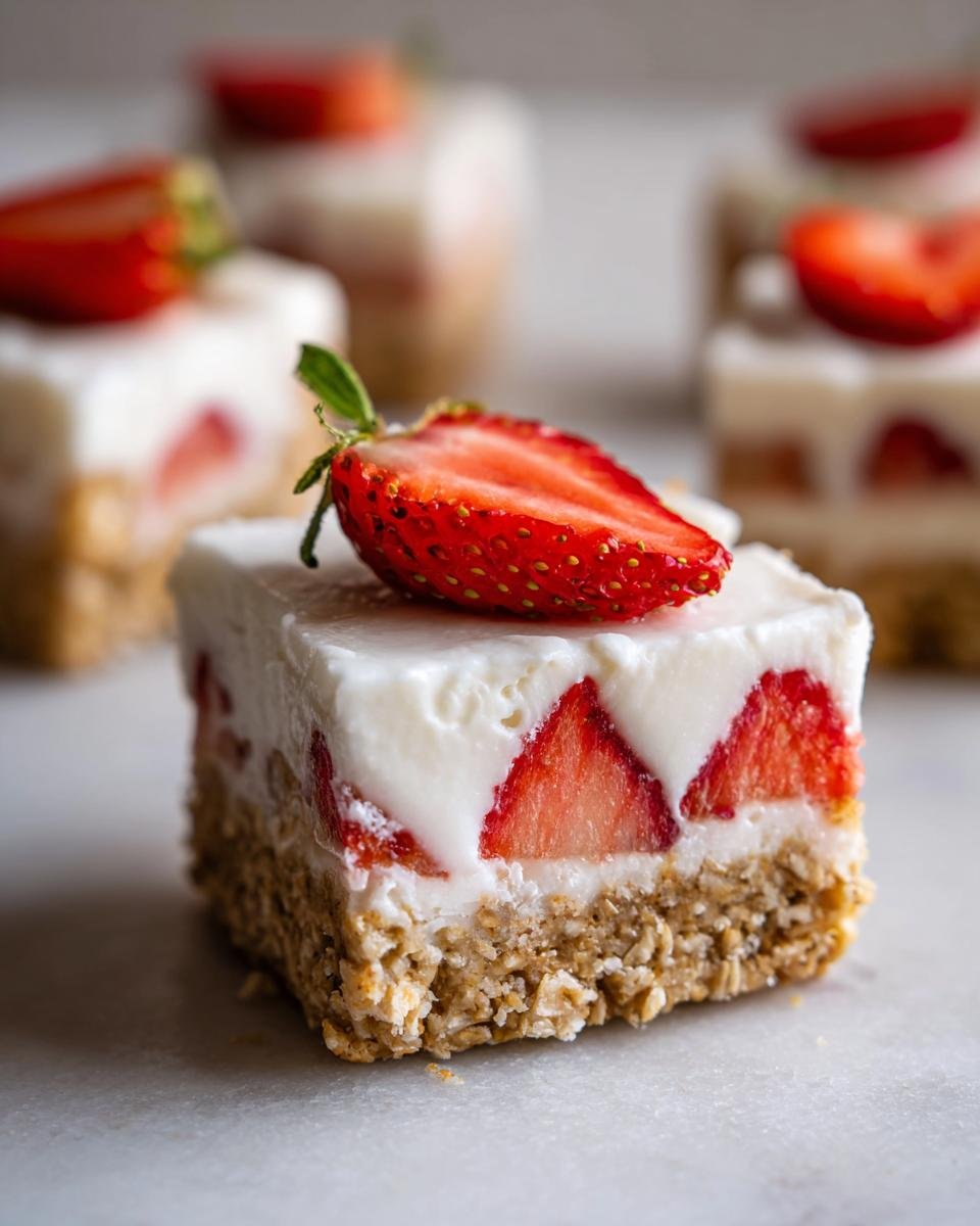 Close-up of an Irresistible High Protein Healthy Strawberry Cheesecake Bite, topped with a fresh strawberry half.