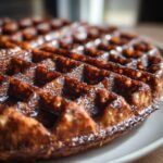 Close-up of a perfectly cooked Homemade Chocolate Waffle with a rich, dark brown color and crisp grid pattern.