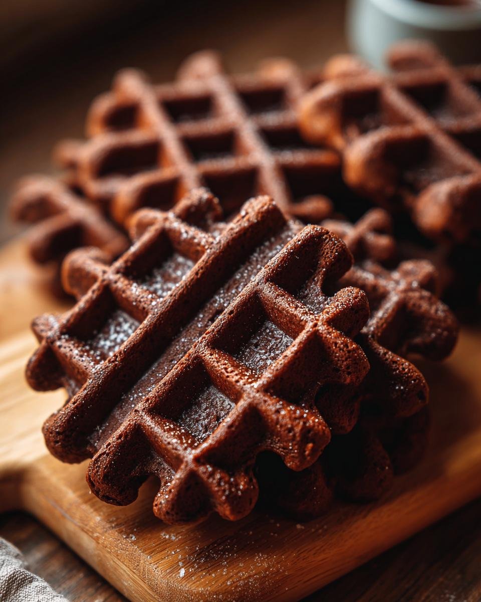 A close-up of a stack of delicious homemade chocolate waffles, lightly dusted with powdered sugar.