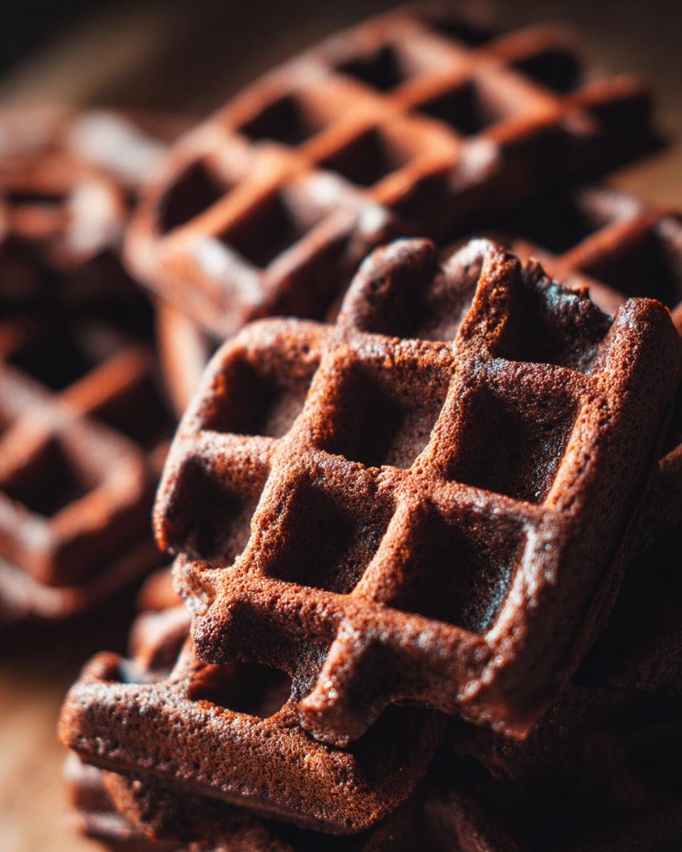 A close-up stack of delicious homemade chocolate waffles, showcasing their rich color and grid pattern.