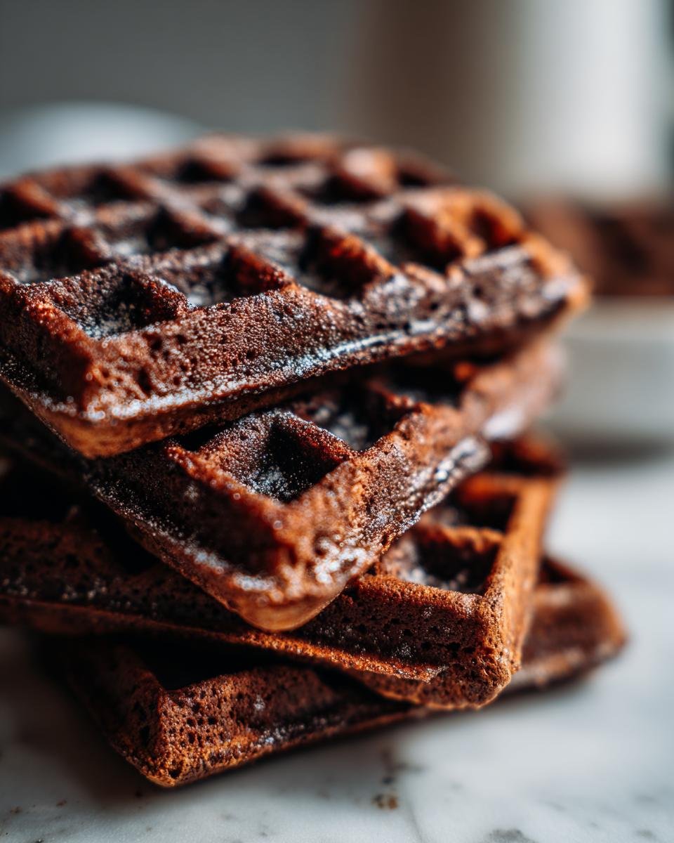 A close-up stack of delicious homemade chocolate waffles dusted with powdered sugar.