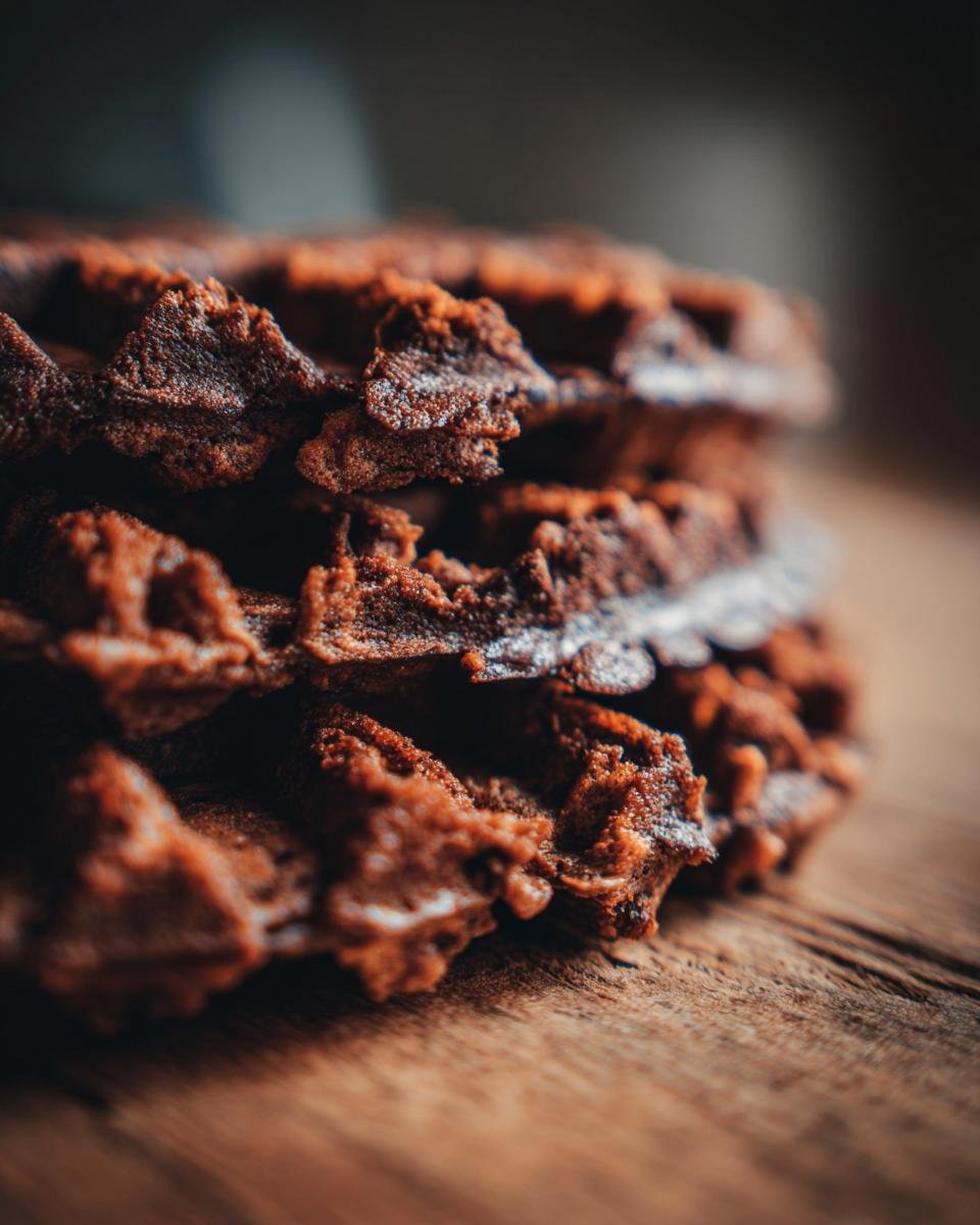 Close-up of a stack of delicious homemade chocolate waffles on a wooden surface.