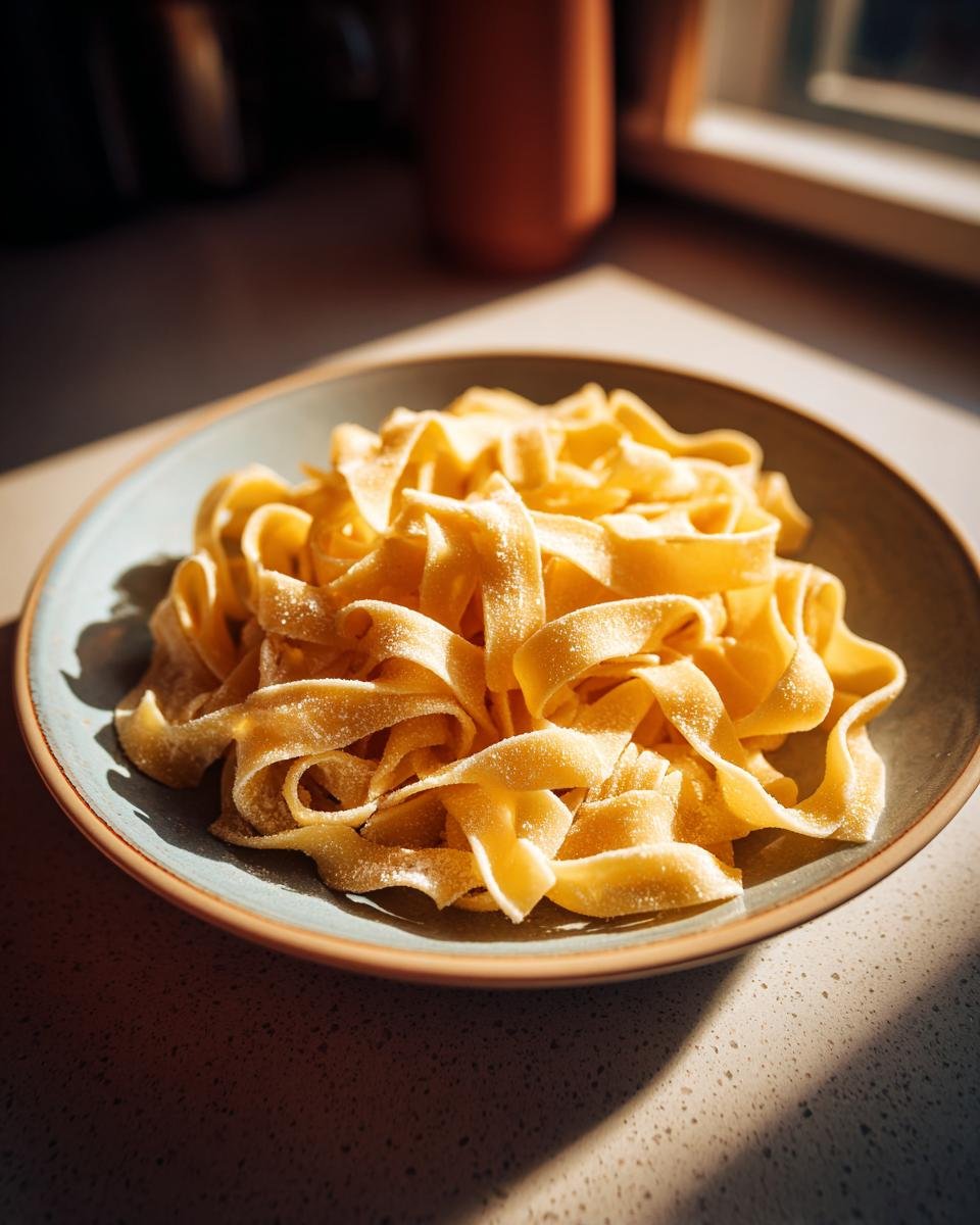 A close-up of a bowl filled with freshly made Homemade Egg Noodles, lightly dusted with flour.
