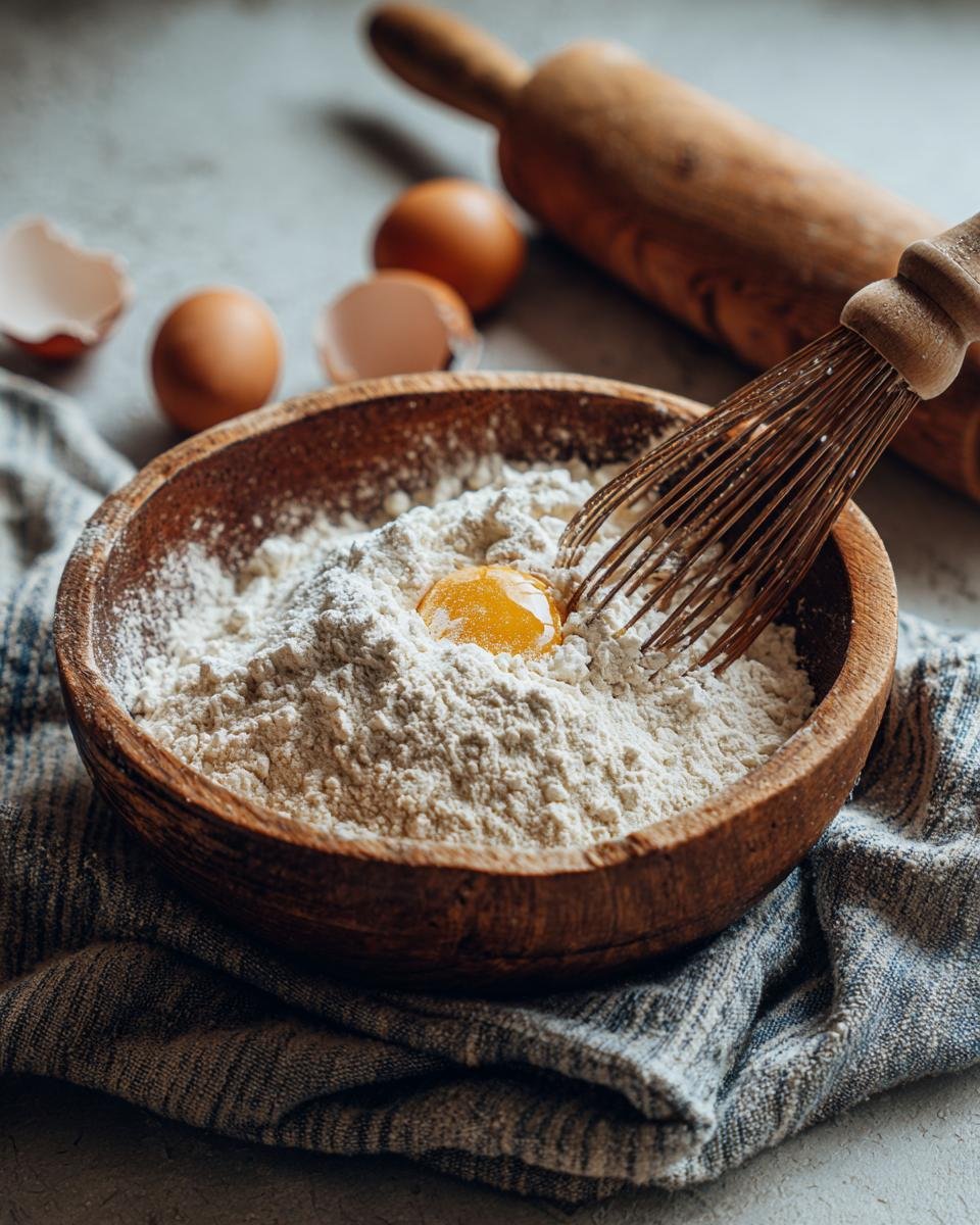A wooden bowl filled with flour and a single egg yolk, with a whisk ready to mix, for making homemade egg noodles.