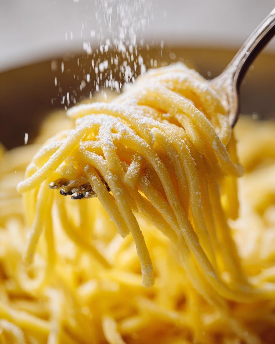 Close-up of homemade egg noodles being sprinkled with flour on a fork.