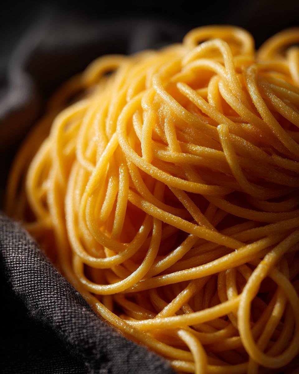 A close-up, artistic shot of a pile of fresh, golden Homemade Egg Noodles.