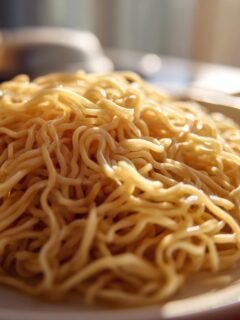 A close-up shot of a pile of fresh, golden Homemade Egg Noodles on a white plate.