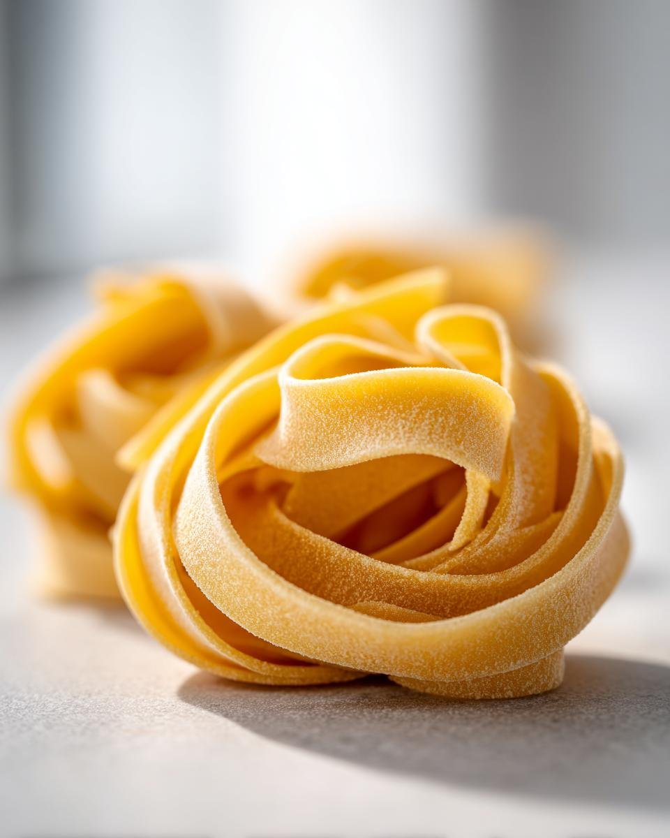 Close-up of a nest of fresh, homemade egg noodles, showcasing their texture and golden color.