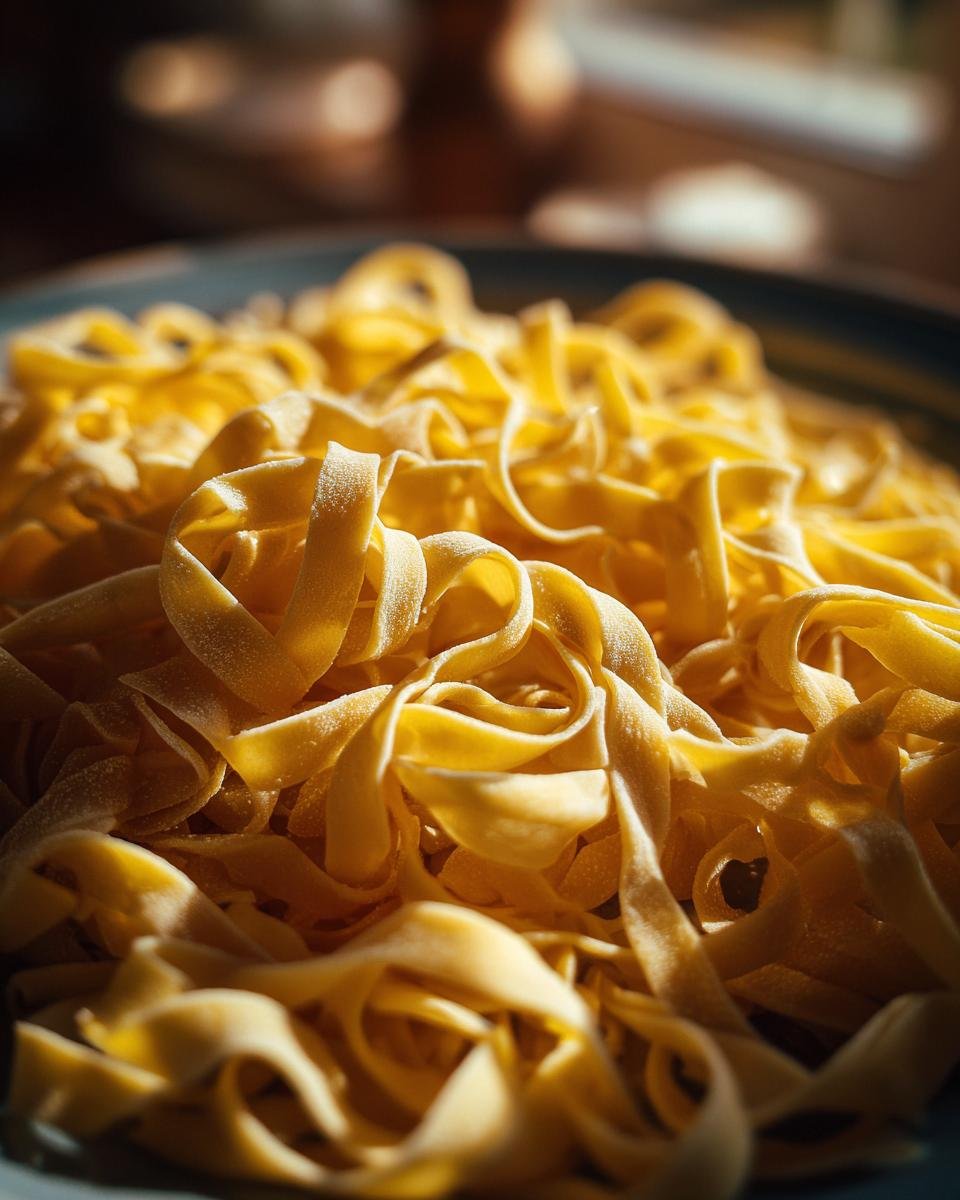 Close-up of a pile of fresh, golden Homemade Egg Noodles dusted with flour.