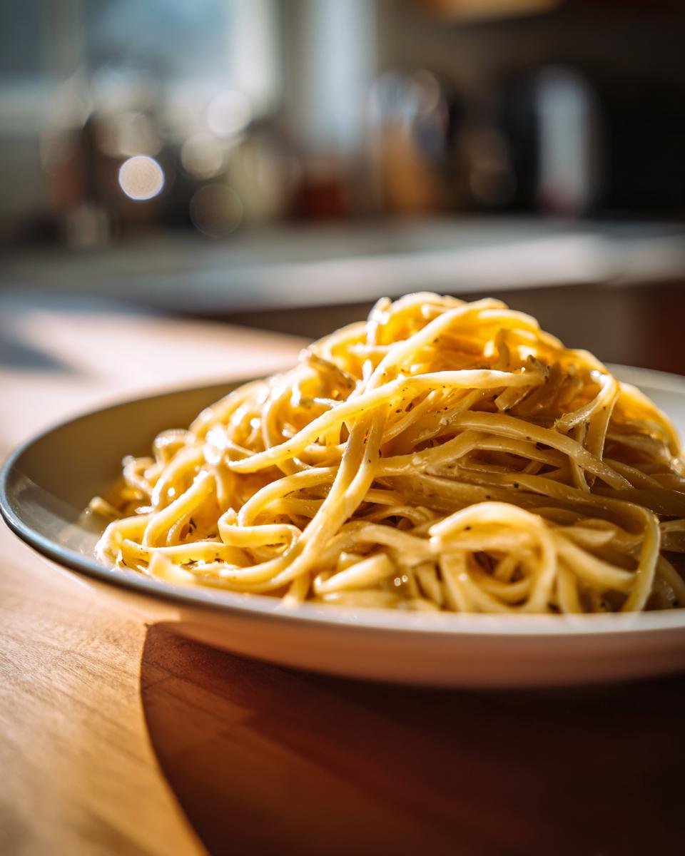 A close-up shot of a generous portion of golden Homemade Egg Noodles, lightly seasoned and glistening.