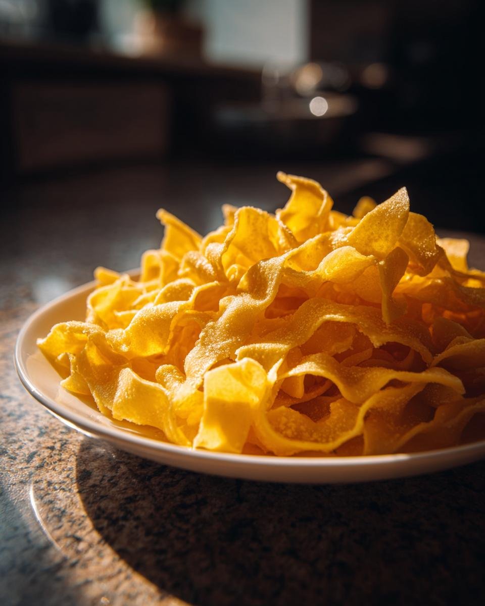 A close-up shot of a white plate filled with freshly made Homemade Egg Noodles, bathed in warm sunlight.