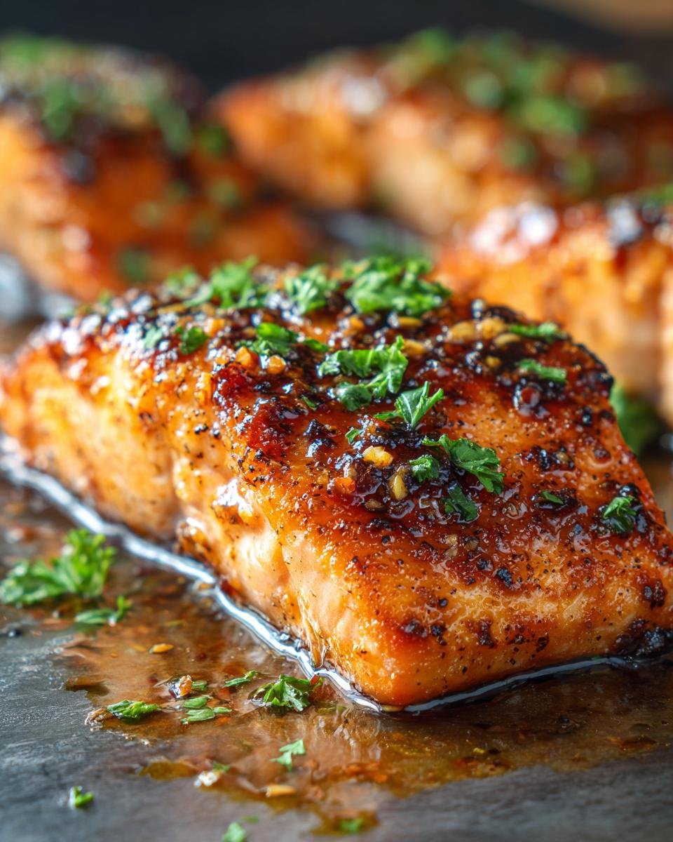 Close-up of a glistening honey butter garlic salmon fillet, topped with fresh parsley.