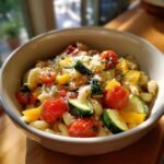 A close-up of Ina Garten's Summer Garden Pasta, featuring colorful vegetables like cherry tomatoes, zucchini, and yellow bell peppers, topped with grated Parmesan cheese.
