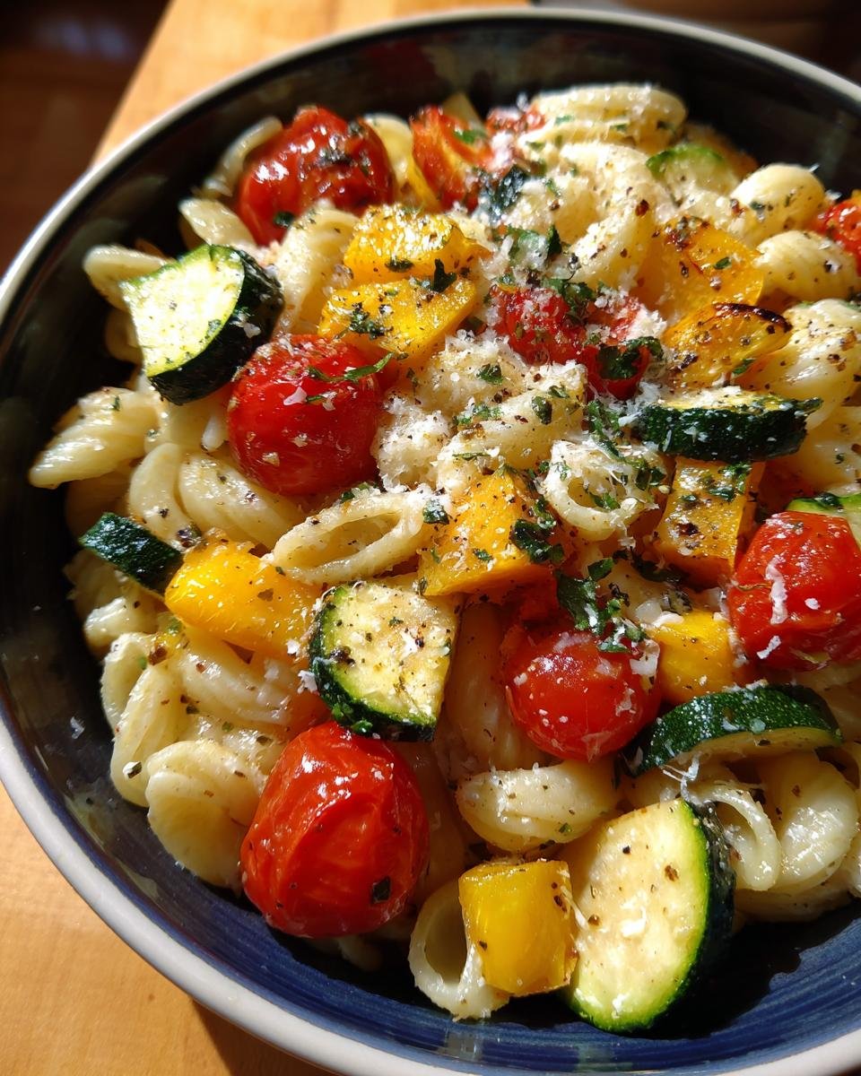 A close-up of Ina Garten's Summer Garden Pasta, featuring orecchiette pasta, cherry tomatoes, zucchini, and bell peppers.