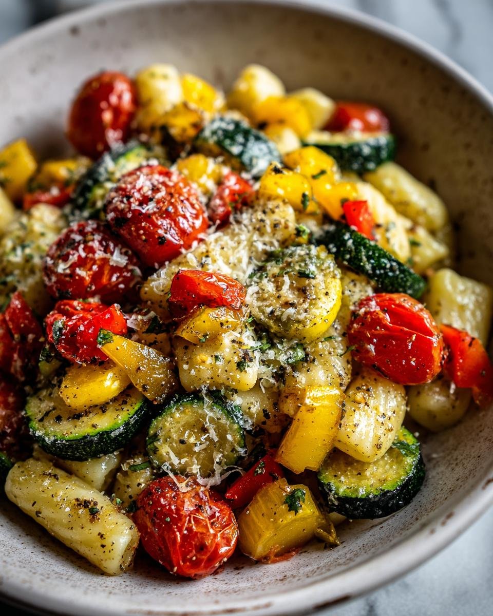 A close-up of Ina Garten's Summer Garden Pasta, featuring gnocchi, cherry tomatoes, zucchini, and bell peppers, topped with grated cheese.