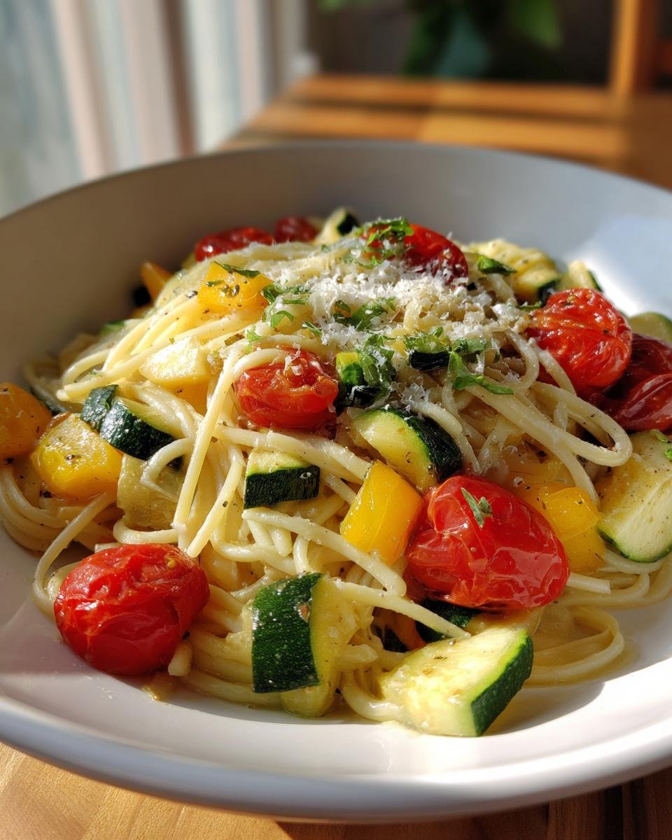 A close-up of Ina Garten's Summer Garden Pasta, featuring spaghetti tossed with cherry tomatoes, zucchini, and yellow bell peppers, topped with parmesan.