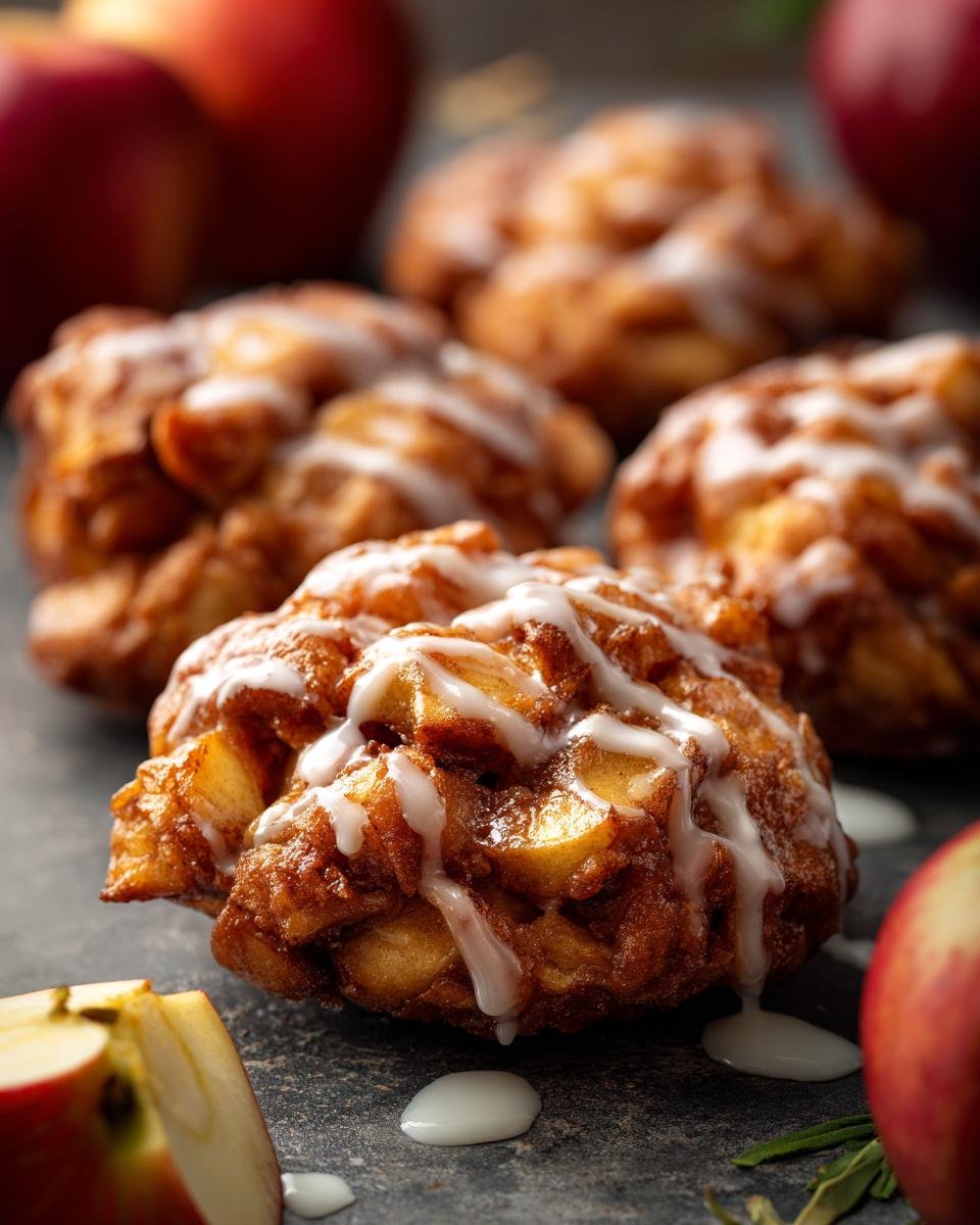 Close-up of irresistible baked apple fritters, golden brown and drizzled with white glaze, with fresh apples in the background.