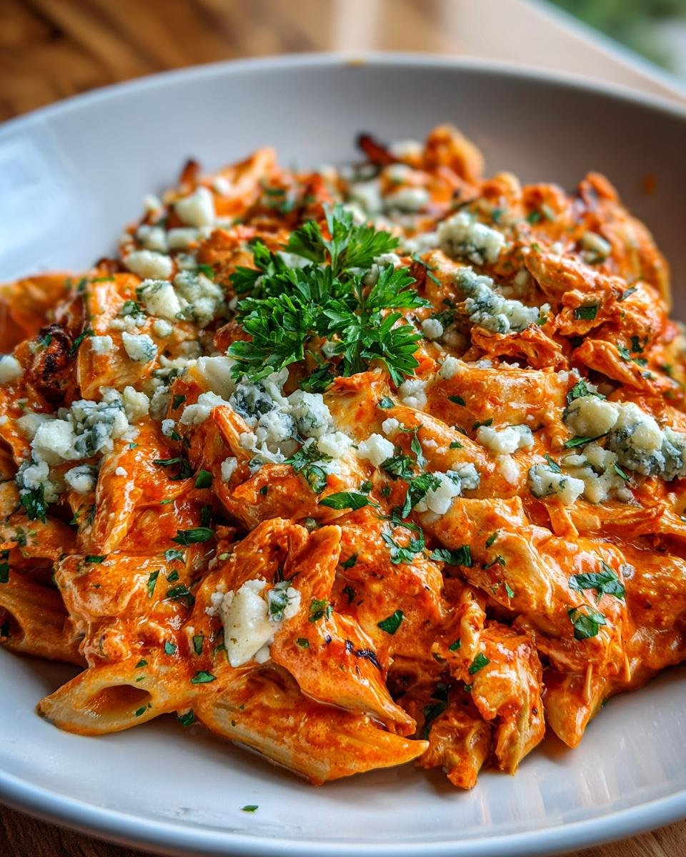 A close-up of Irresistible Baked Buffalo Chicken Pasta topped with crumbled blue cheese and parsley.