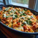 Close-up of Irresistible Baked Buffalo Chicken Pasta in a casserole dish, topped with melted cheese, blue cheese crumbles, and parsley.
