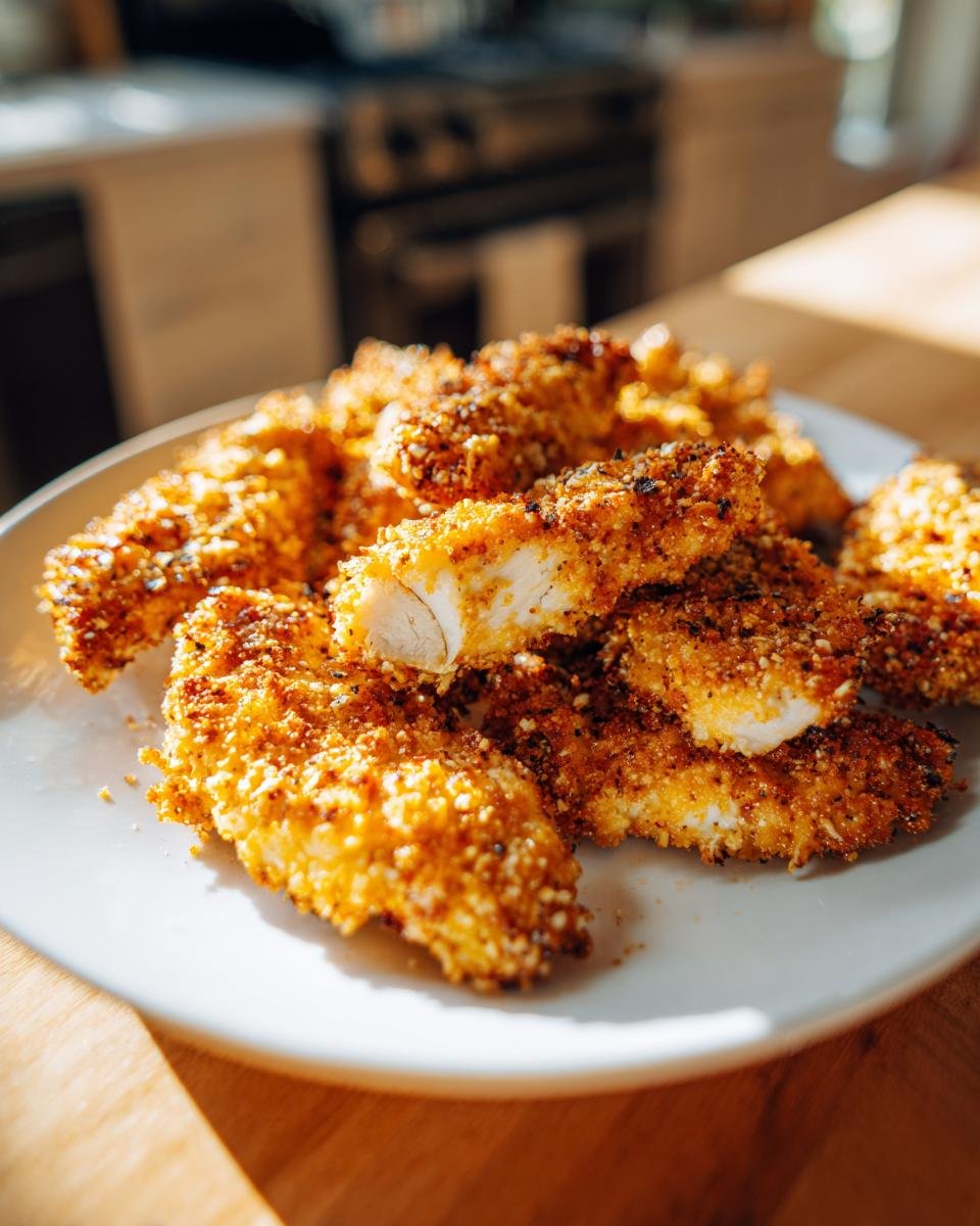 A close-up of a plate filled with Irresistible Baked Chicken Tenders, showcasing their crispy, golden-brown coating.