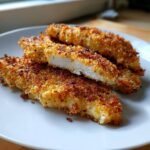 Close-up of Irresistible Baked Chicken Tenders Crispy Delight on a white plate, showing a golden-brown, crunchy coating.