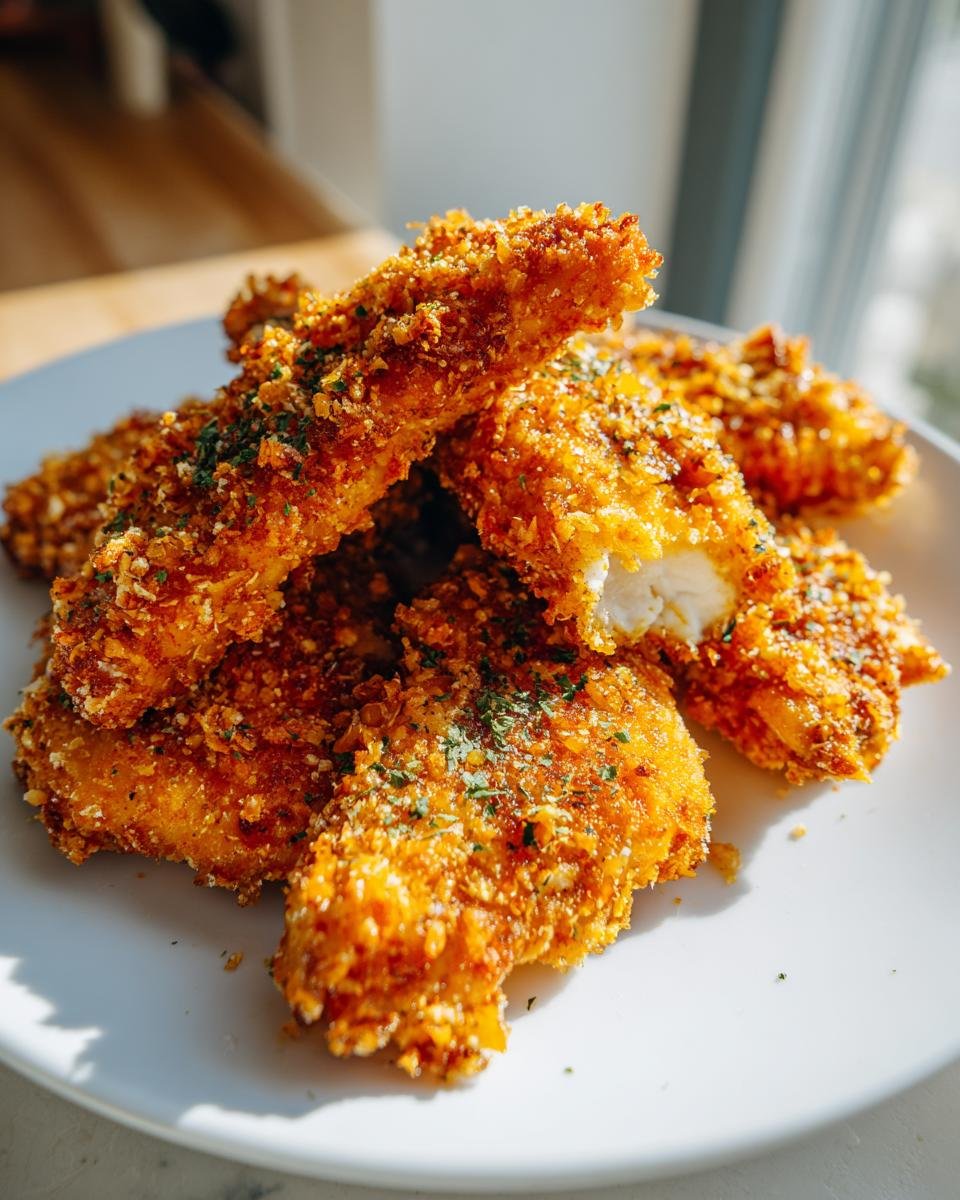 A plate of Irresistible Baked Chicken Tenders Crispy Delight, golden brown and sprinkled with herbs.