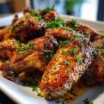 Close-up of Irresistible Baked Chicken Wings coated in a glossy garlic sauce and sprinkled with fresh parsley.