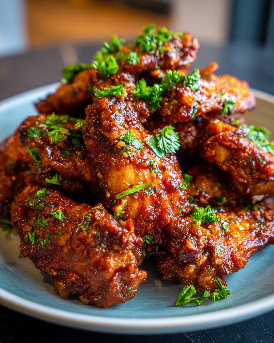 Close-up of a pile of Irresistible Baked Chicken Wings With Garlic Sauce, garnished with fresh parsley.