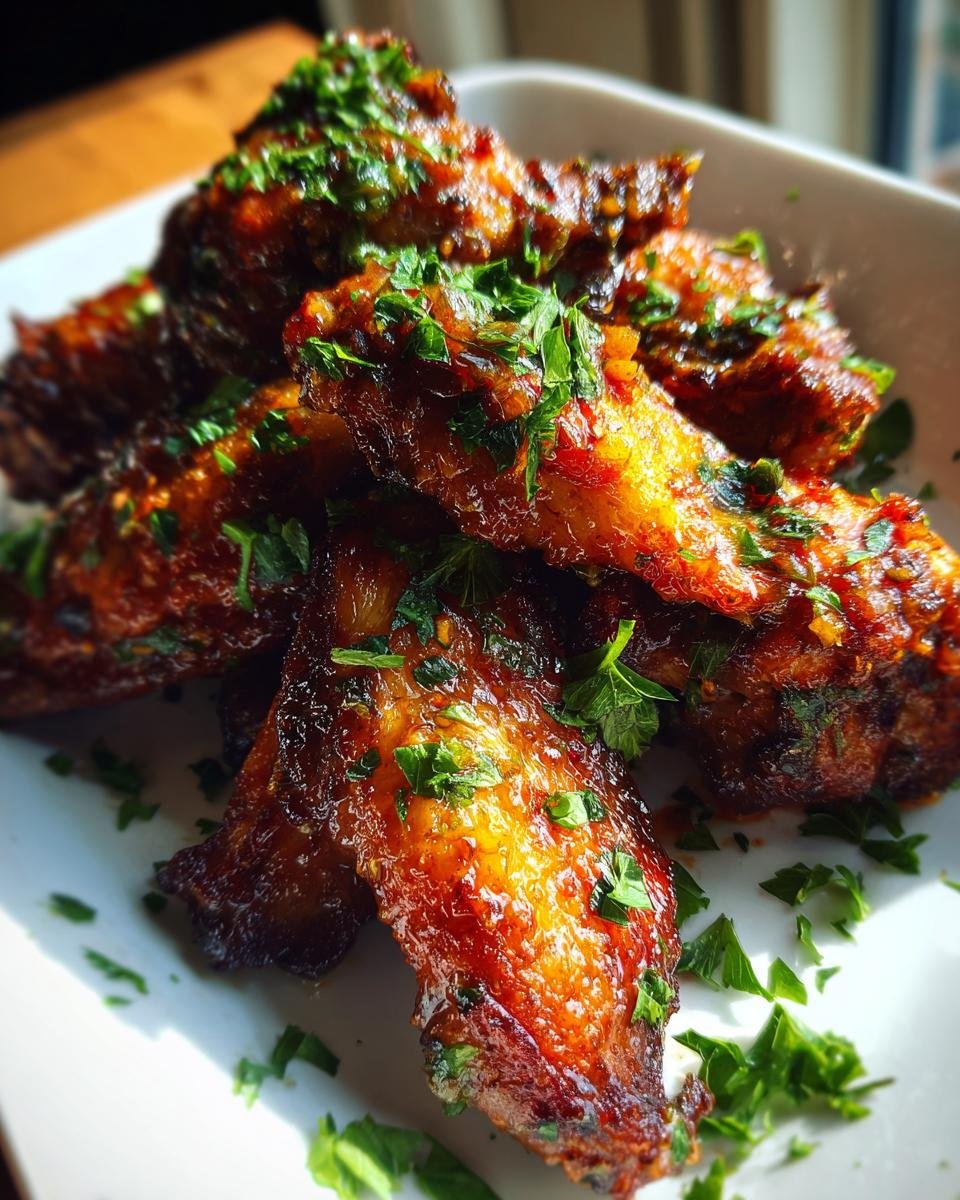 Close-up of Irresistible Baked Chicken Wings with Garlic Sauce, glistening and sprinkled with fresh parsley.