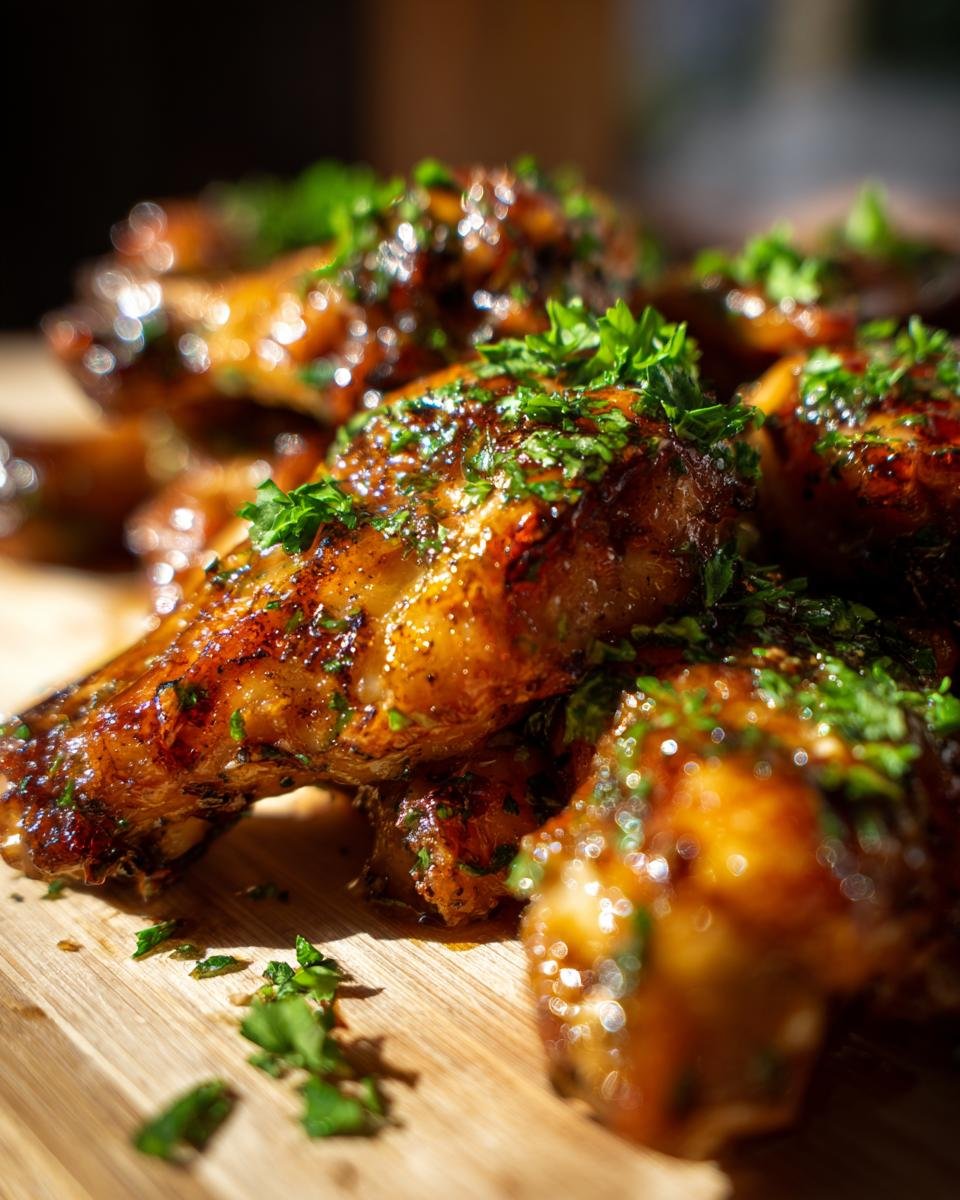 Close-up of Irresistible Baked Chicken Wings With Garlic Sauce, garnished with fresh parsley on a wooden board.