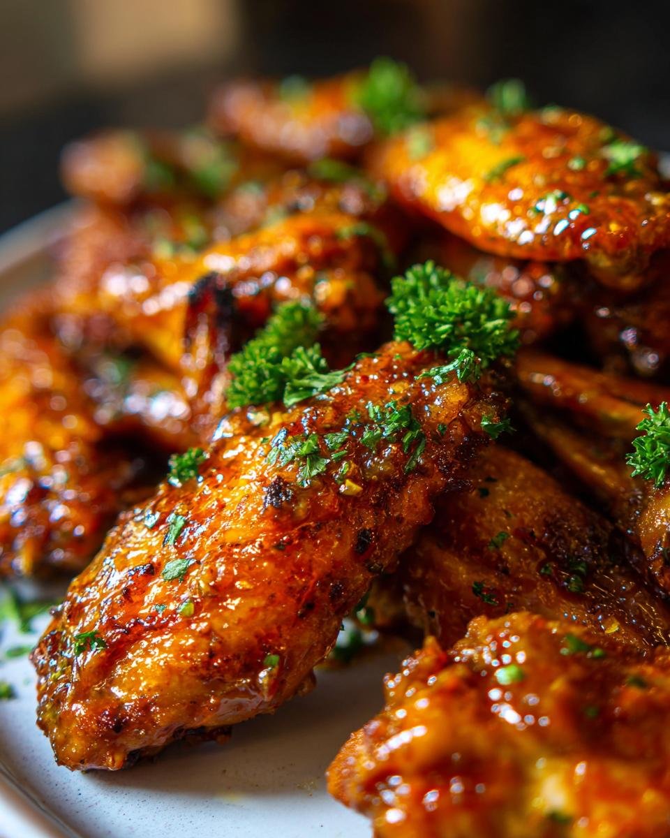 Close-up of Irresistible Baked Chicken Wings With Garlic Sauce, glistening and sprinkled with fresh parsley.