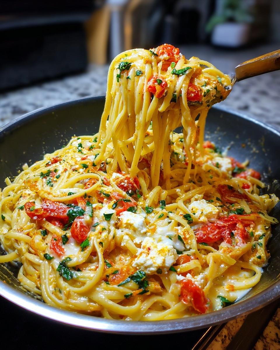 A close-up of Irresistible Baked Feta Pasta, showing creamy linguine with cherry tomatoes and feta cheese.